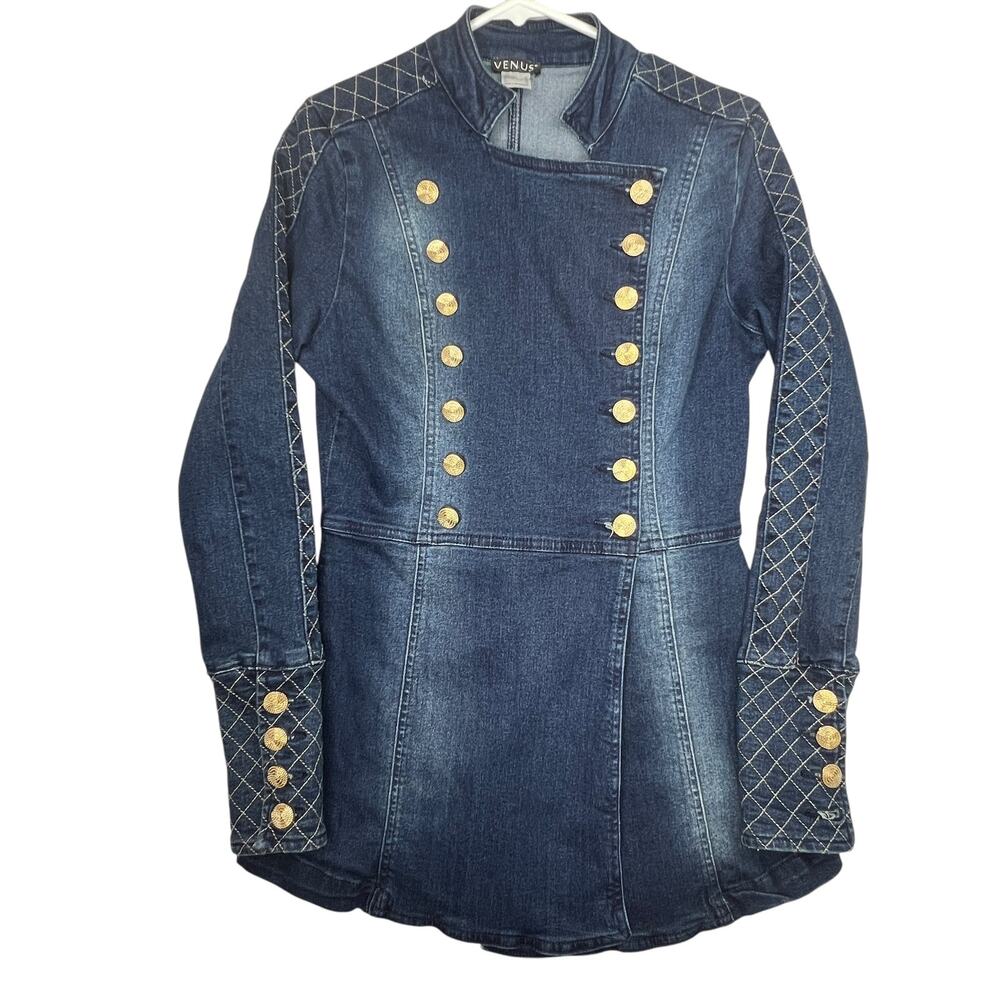 Venus Denim Military Jacket Women’s Sz 2‎ Blue Quilted Sleeves Gold Buttons Chic - Picture 2 of 9